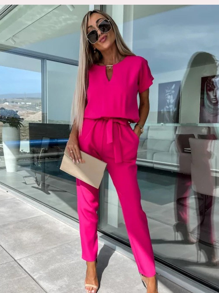Giselle- Overall mit kurzen Ärmeln und Gürtel Knalliges Pink