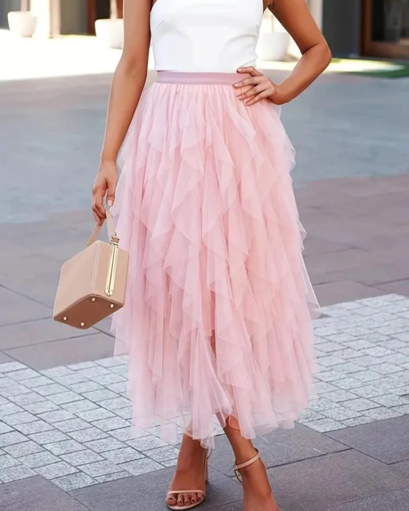Grete – Damen Midirock mit Rüschen in Maxilänge Rosa