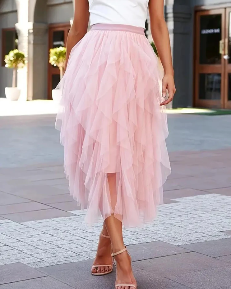 Grete – Damen Midirock mit Rüschen in Maxilänge Rosa