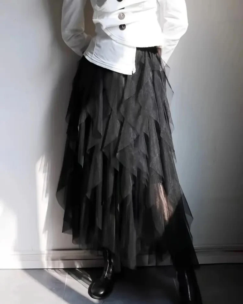 Grete – Damen Midirock mit Rüschen in Maxilänge Schwarz
