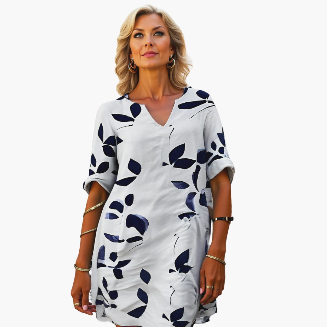 Gudrun - Sommerkleid für Damen Blättermuster Weiß