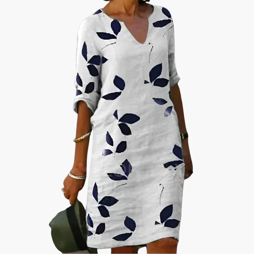 Gudrun - Sommerkleid für Damen Blättermuster Weiß