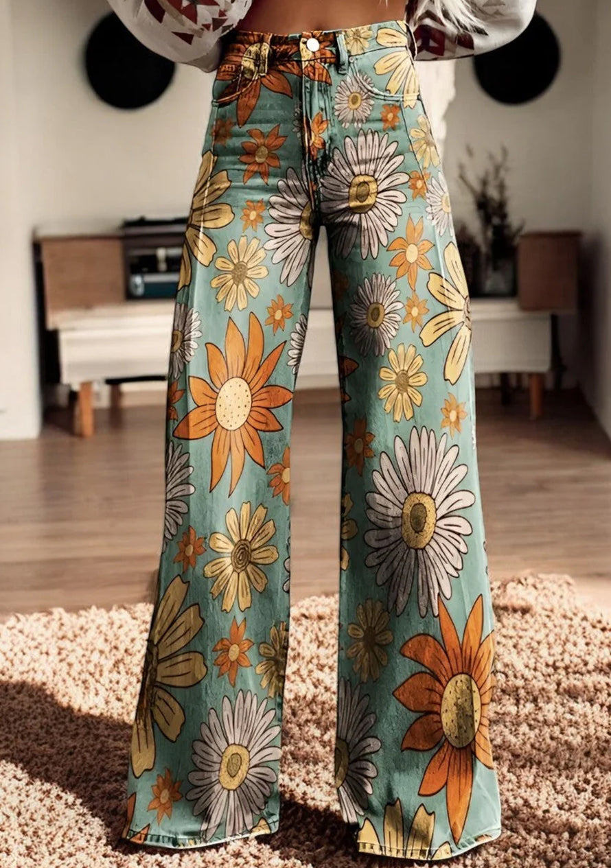 Hannah - Chic Hosen für Frauen Gelbe geblümte Hose mit weitem Bein