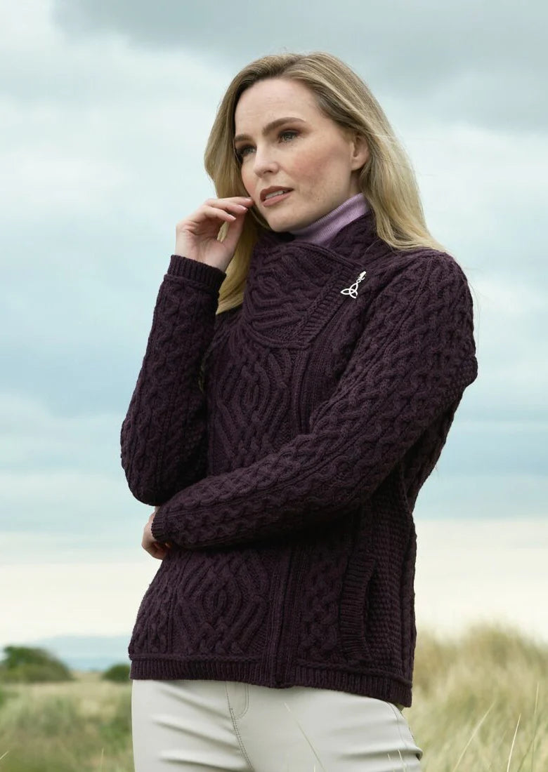 Heidi – Aran Shannon Cardigan mit seitlichem Reißverschluss Pflaume