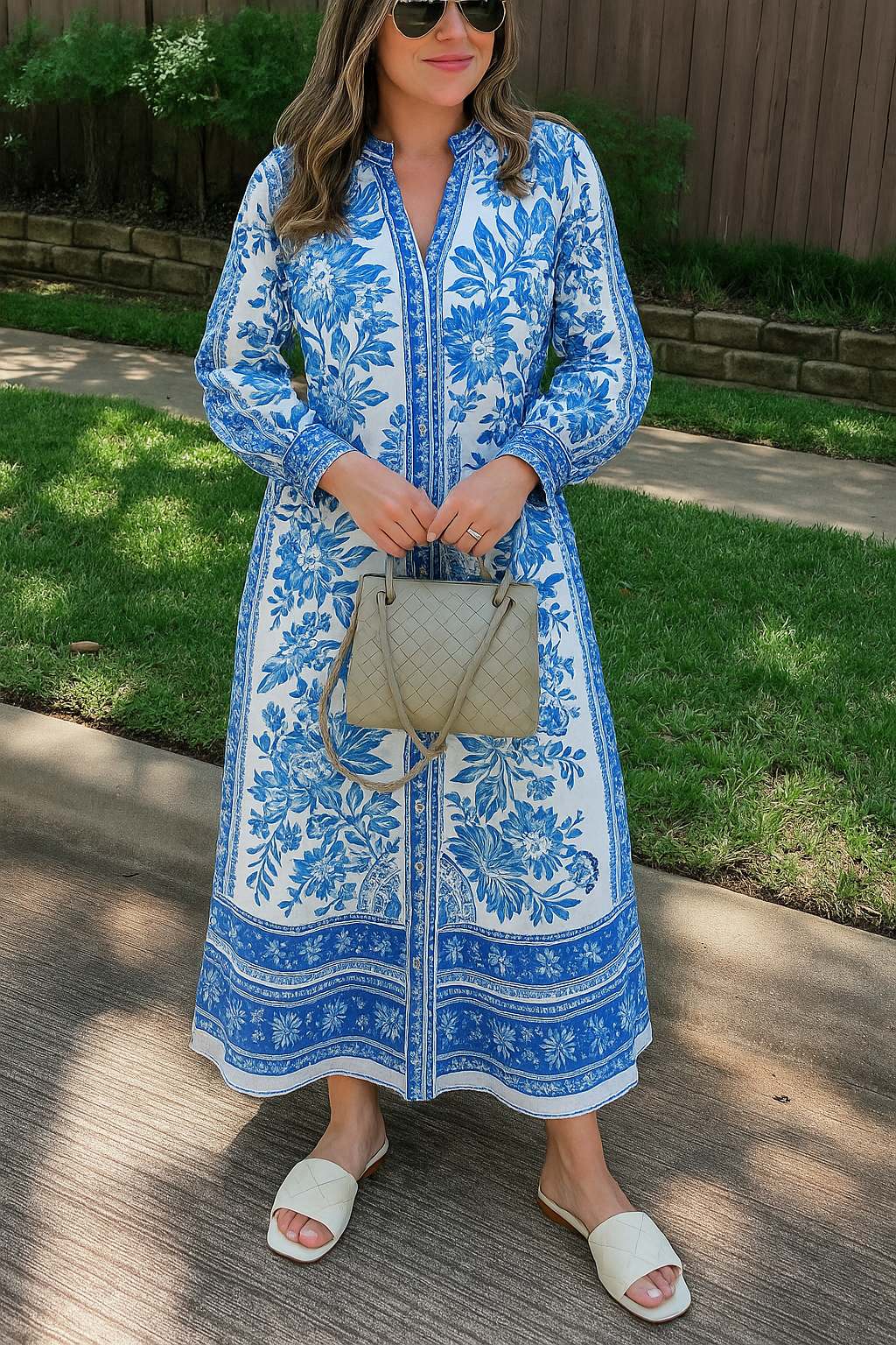 Helena – Bedrucktes Besticktes Maxikleid Blau