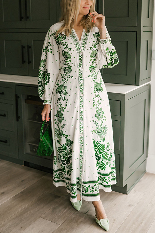 Helena – Bedrucktes Besticktes Maxikleid Grün 1