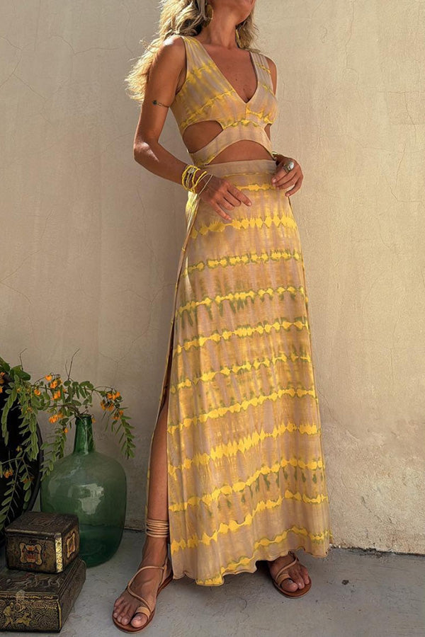 Hermina – Maxikleid mit Cut-Outs und Knöpfen Gelb