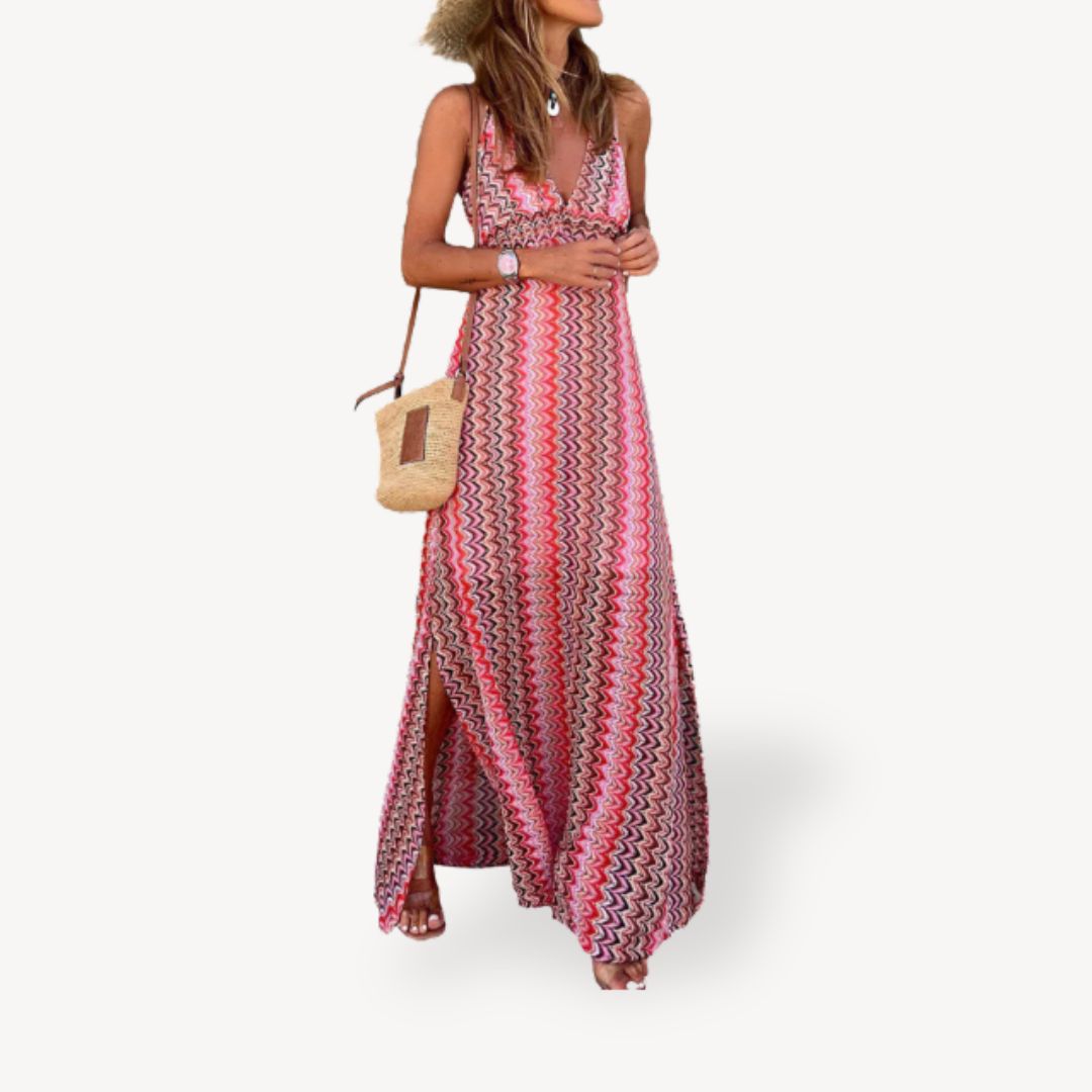 Hilkea – Damen Maxikleid mit farbenfrohem Zickzack Rosa