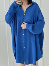 Musselin Bluse, long oversize, Blau