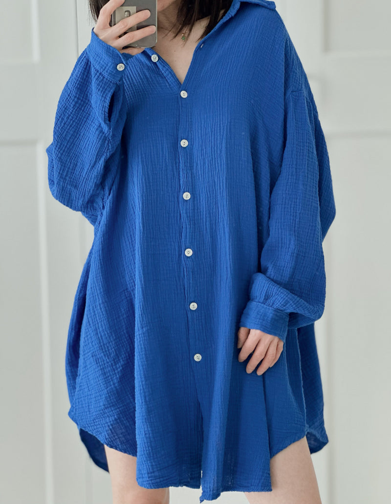 Musselin Bluse, long oversize, Blau