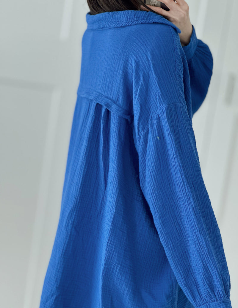 Musselin Bluse, long oversize, Blau