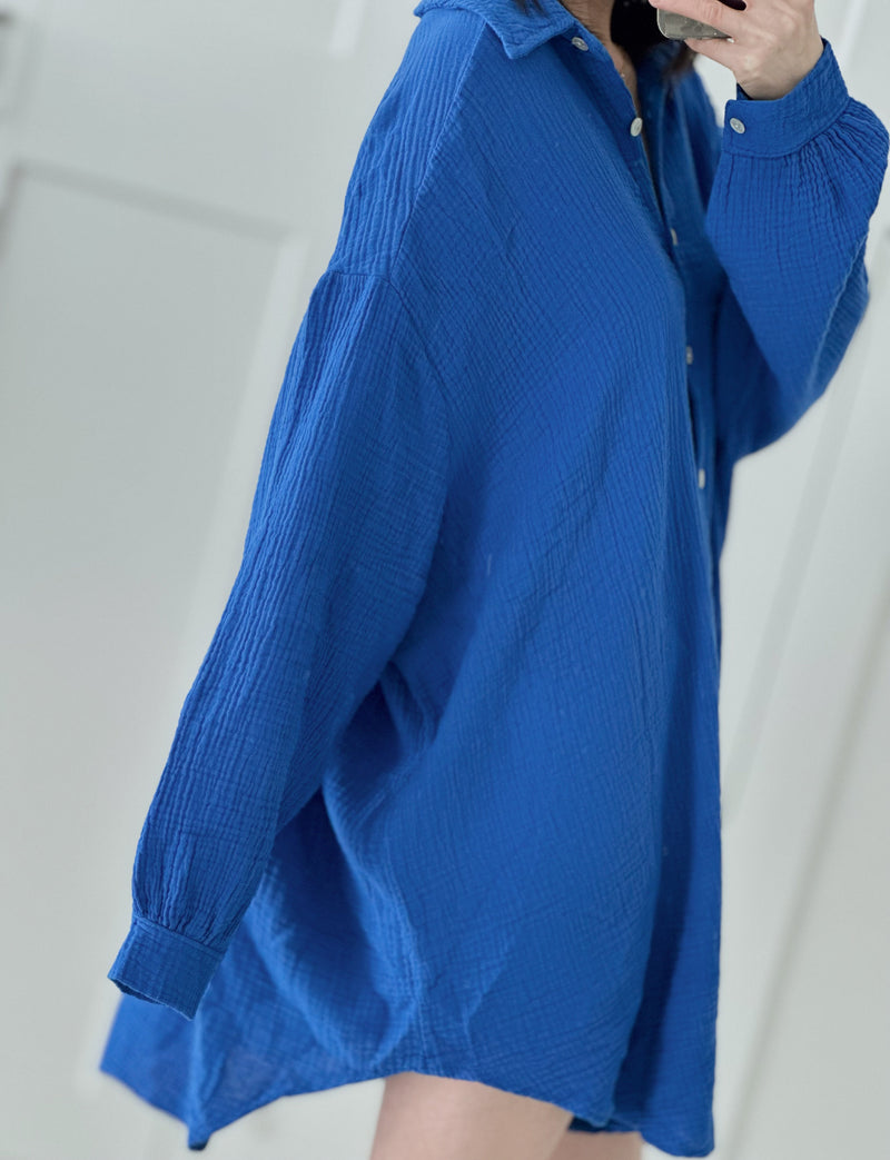 Musselin Bluse, long oversize, Blau