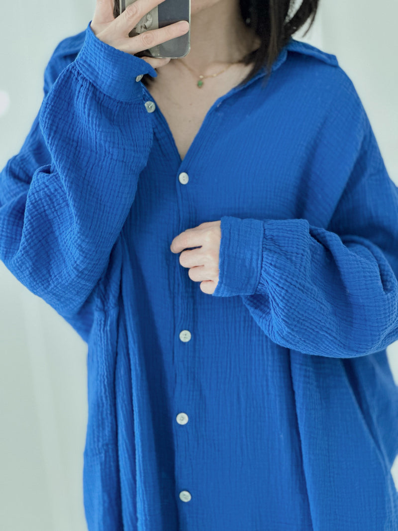 Musselin Bluse, long oversize, Blau