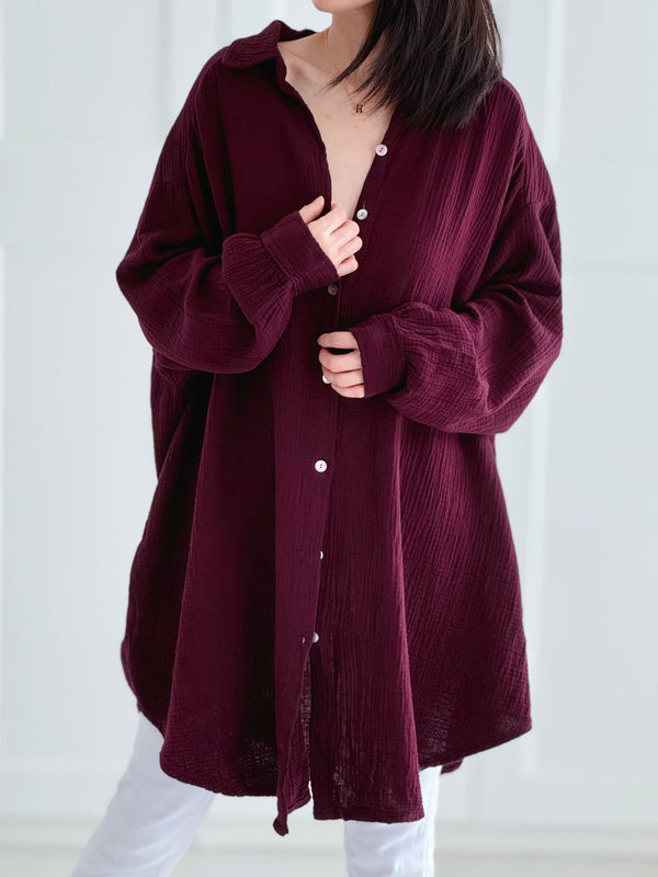 Musselin Bluse, long oversize, Weinrot