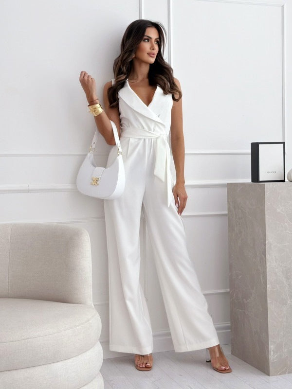 Isla- Ärmelloser rosa Jumpsuit mit Gürtel Weiß