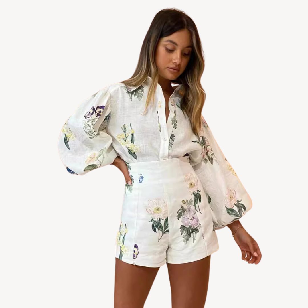 Isolde – Zweiteiliges Set aus Leinen mit Blumenmuster WeiB