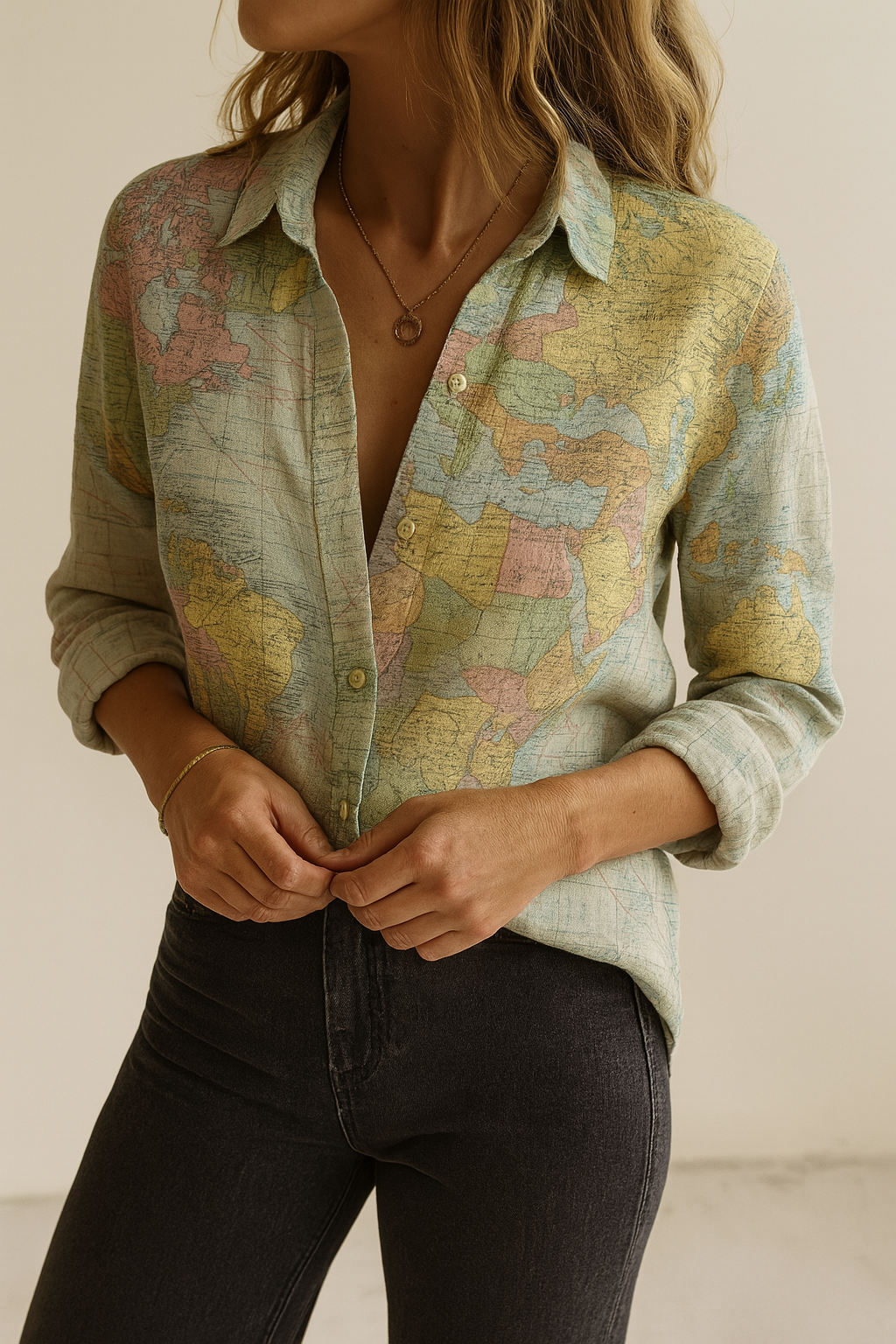 Janet- Globe Weltkarte Bedrucktes Hemd