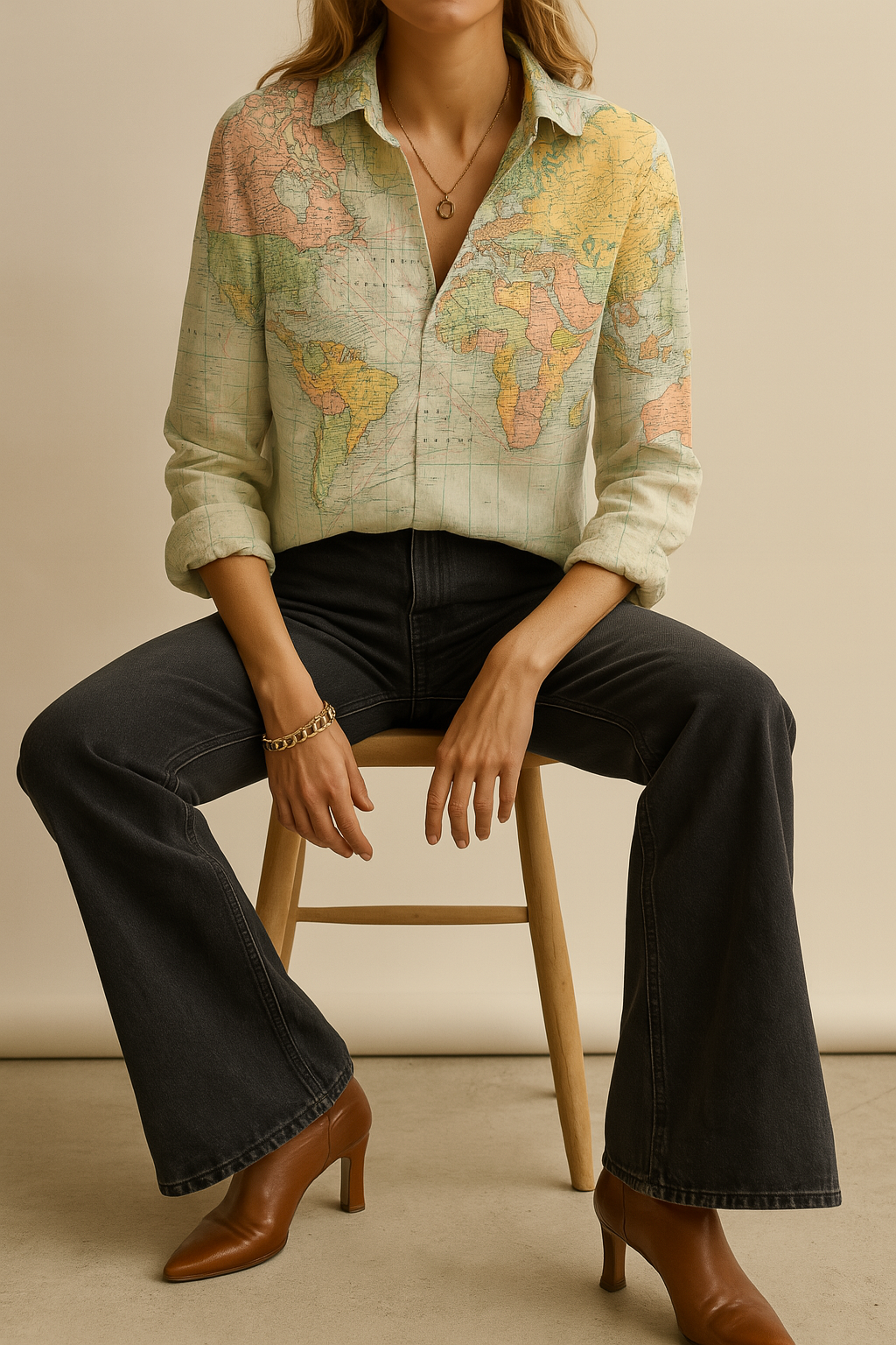 Janet- Globe Weltkarte Bedrucktes Hemd
