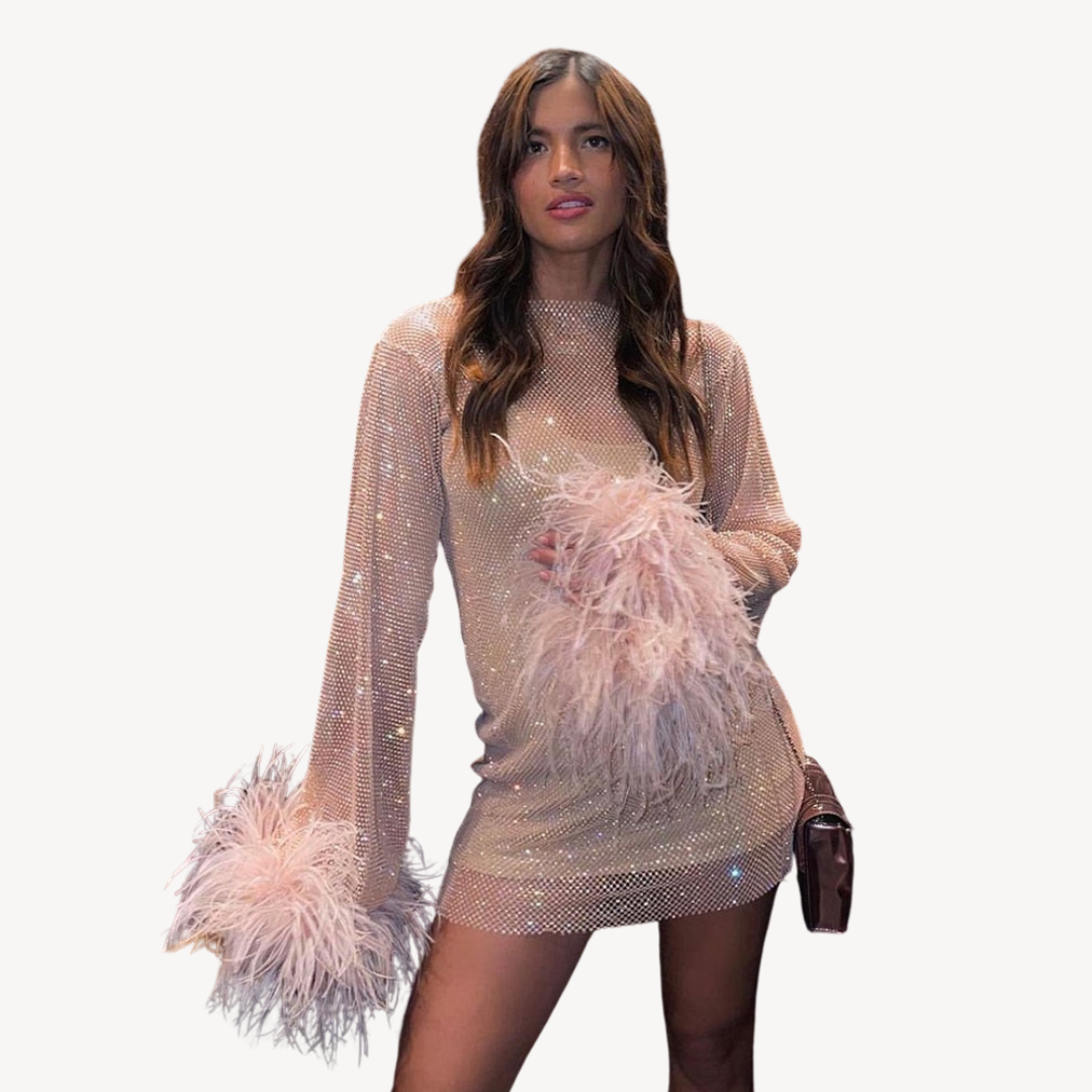 Jasmin – Elegantes Mesh-Kleid mit Pailletten und Federn Rosa 2