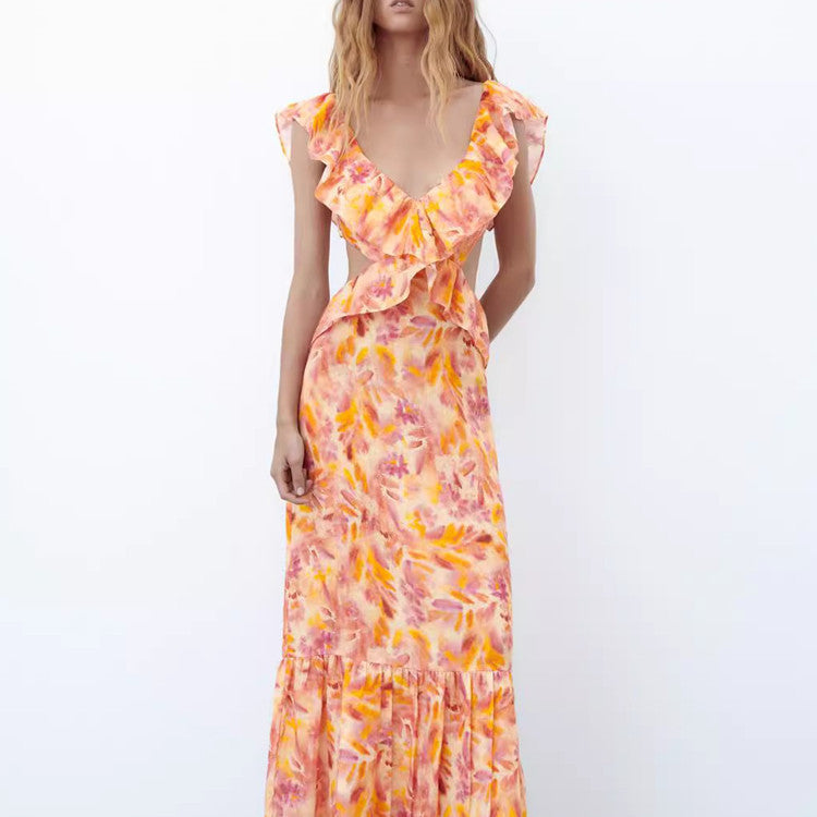 Jovita – Damen-Maxikleid mit Volants & Rüschen Orange