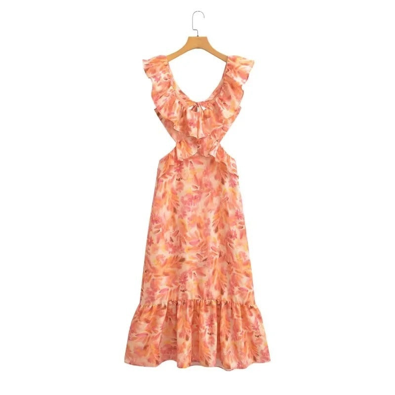 Jovita – Damen-Maxikleid mit Volants & Rüschen Orange