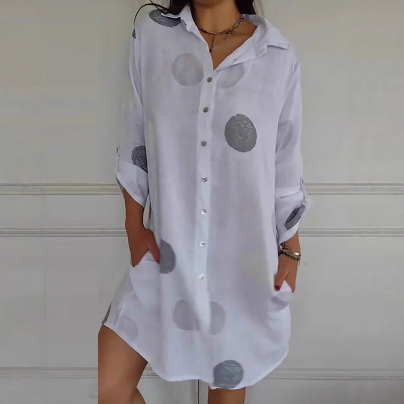Juliane – Lässiges Damen-Hemdkleid mit Print und Knopfleiste Weiß