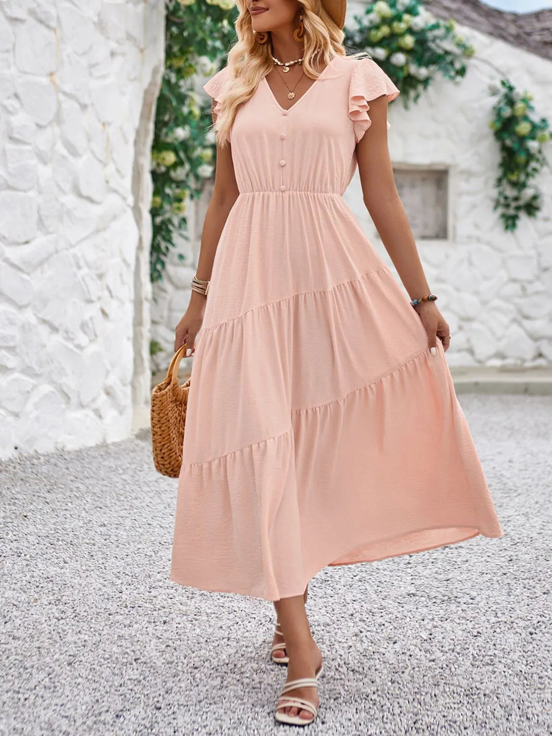 Jutta - Kleid: V-Ausschnitt & elegante Volantärmel - Rosa