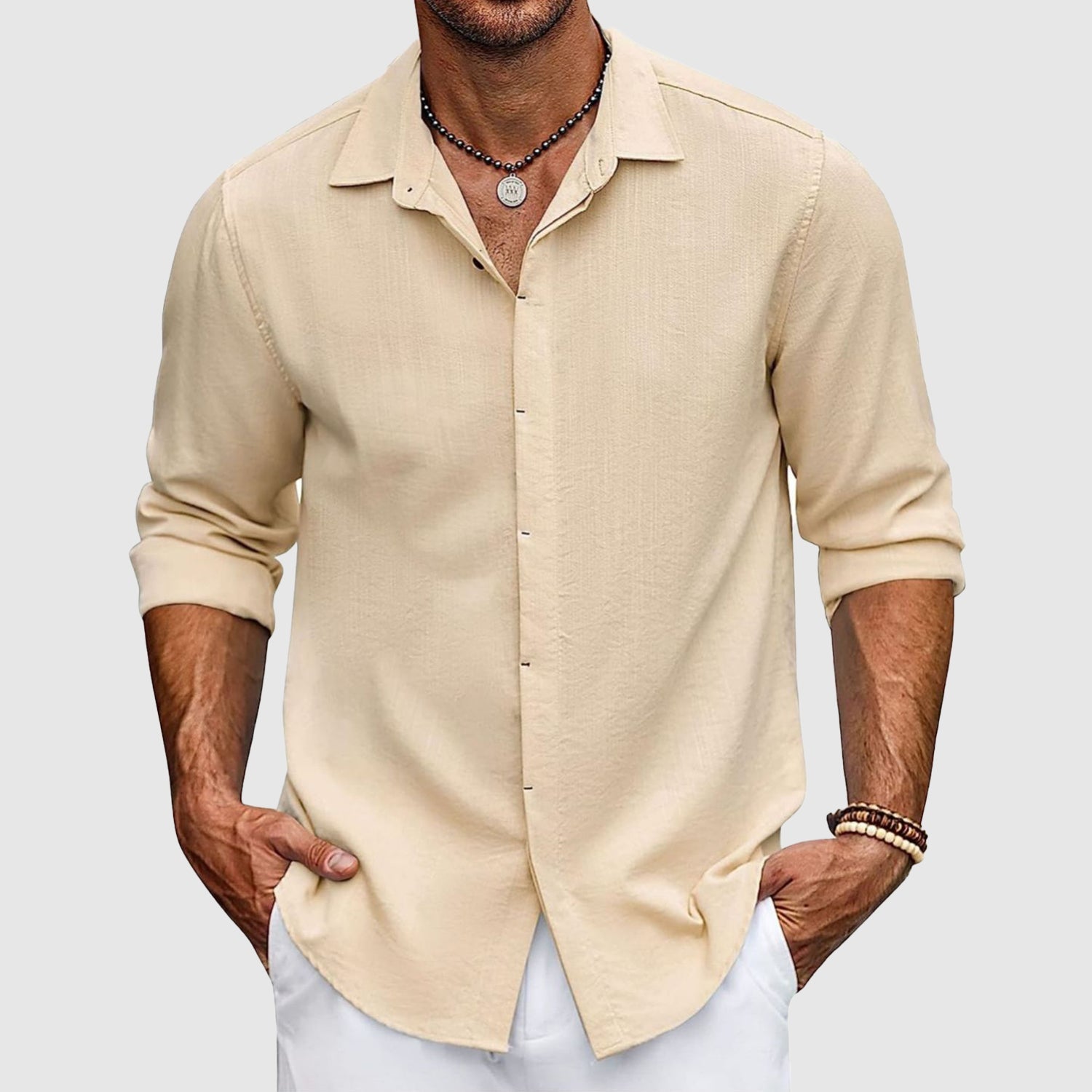 Karel- Elegantes Langarm Poloshirt mit Knopfleiste Beige