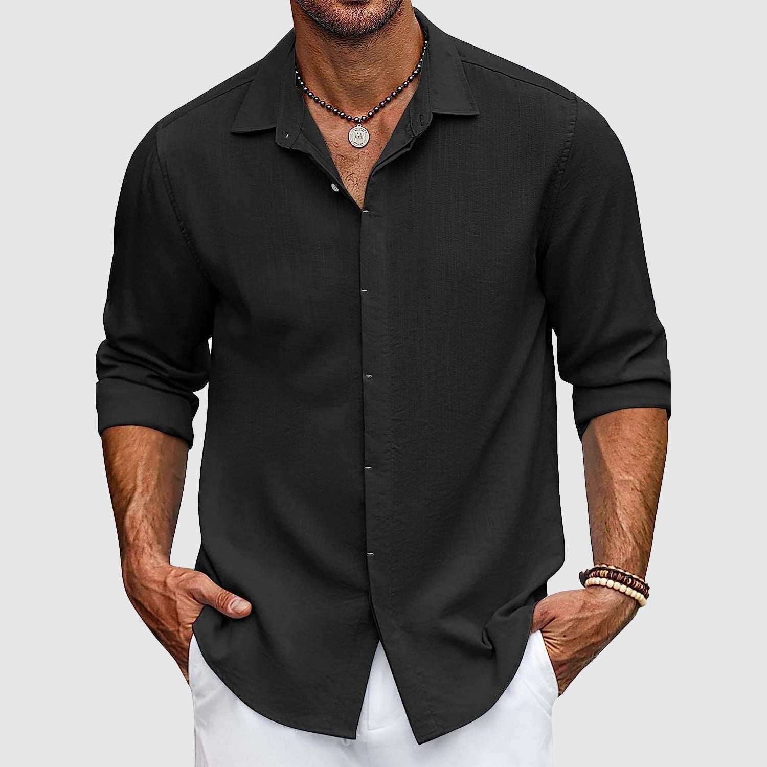Karel- Elegantes Langarm Poloshirt mit Knopfleiste Schwarz