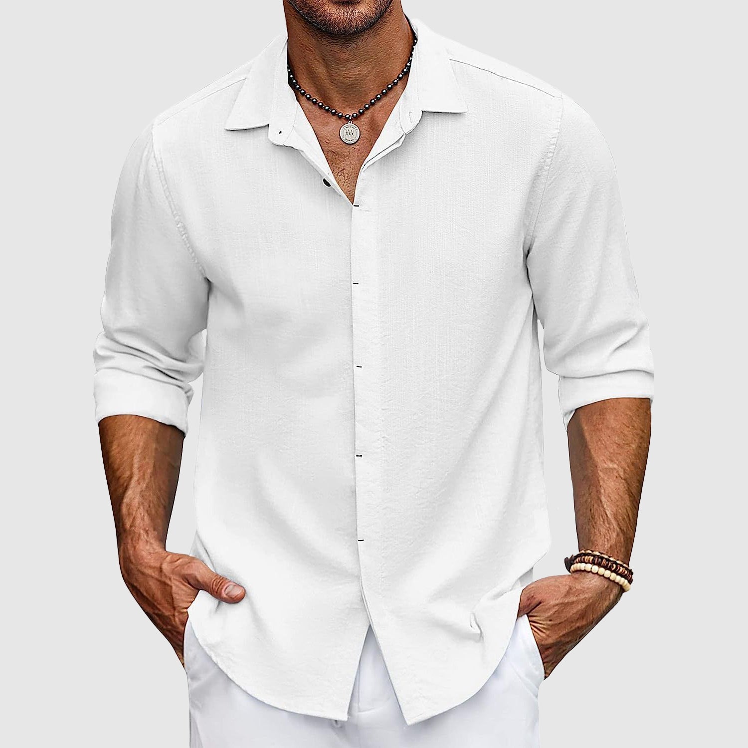 Karel- Elegantes Langarm Poloshirt mit Knopfleiste Weiß