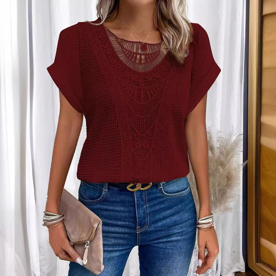 Karina- Damen luftige Sommerbluse mit raffiniertem Häkelmuster Bordeaux