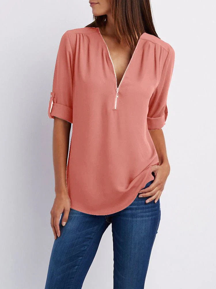 Karine- Damen-Shirt mit Reißverschluss Dunkel Rosa