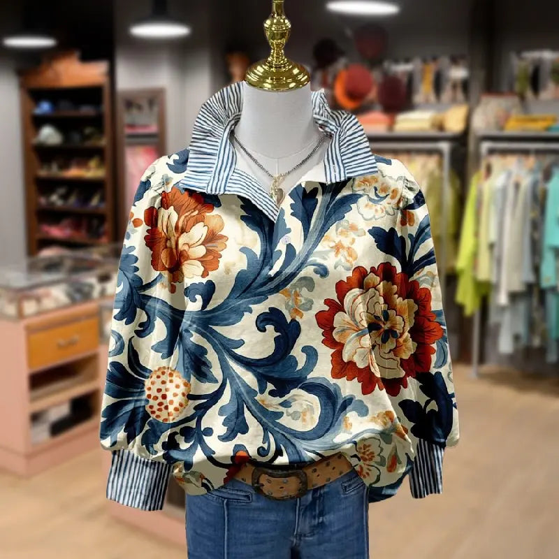 Kate- Vintage Blumen Damen Bluse Blau