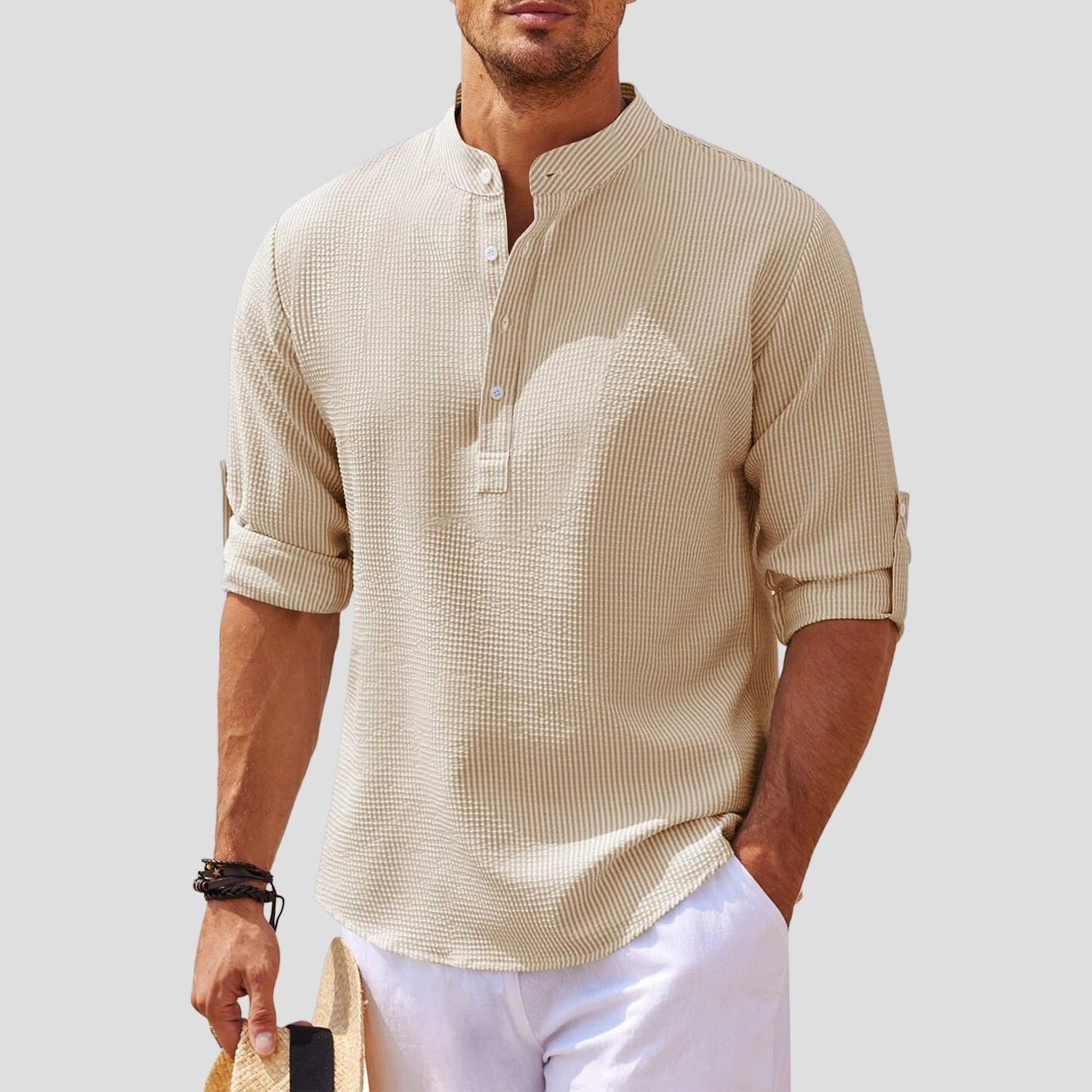 Kim- Elegantes Langarmhemd mit Stehkragen und Knöpfen Beige