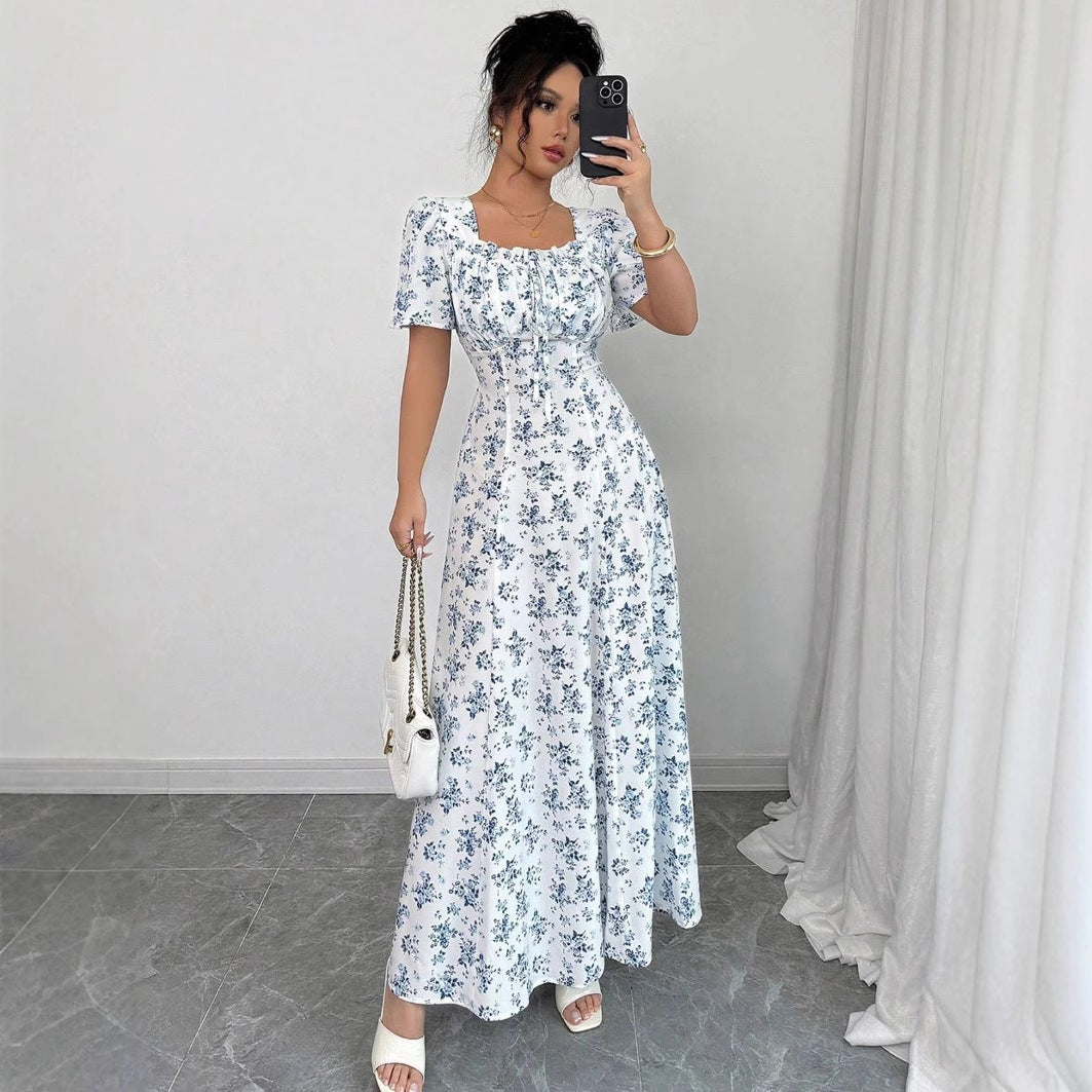 Lea - Florales Maxikleid mit Quadrat-Ausschnitt - Weiß