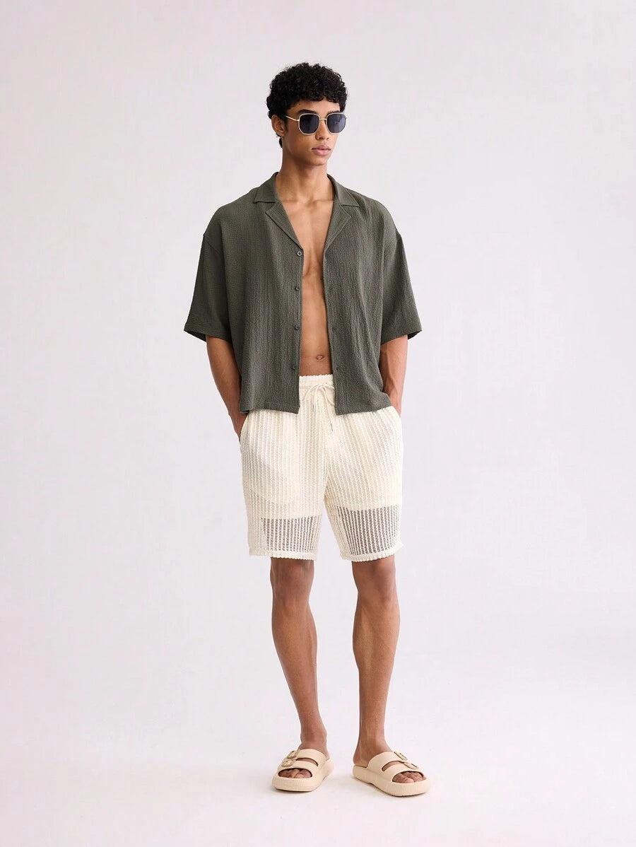 Leon – Herren Oversized Crop Hemd Seersucker Boxy Grün 5