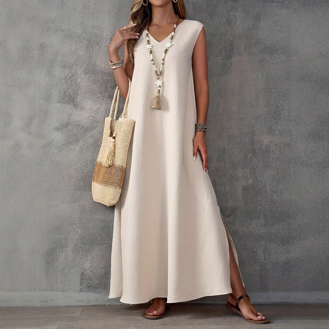 Leonor - Maxikleid mit V-Ausschnitt & Seitenschlitzen - Aprikose