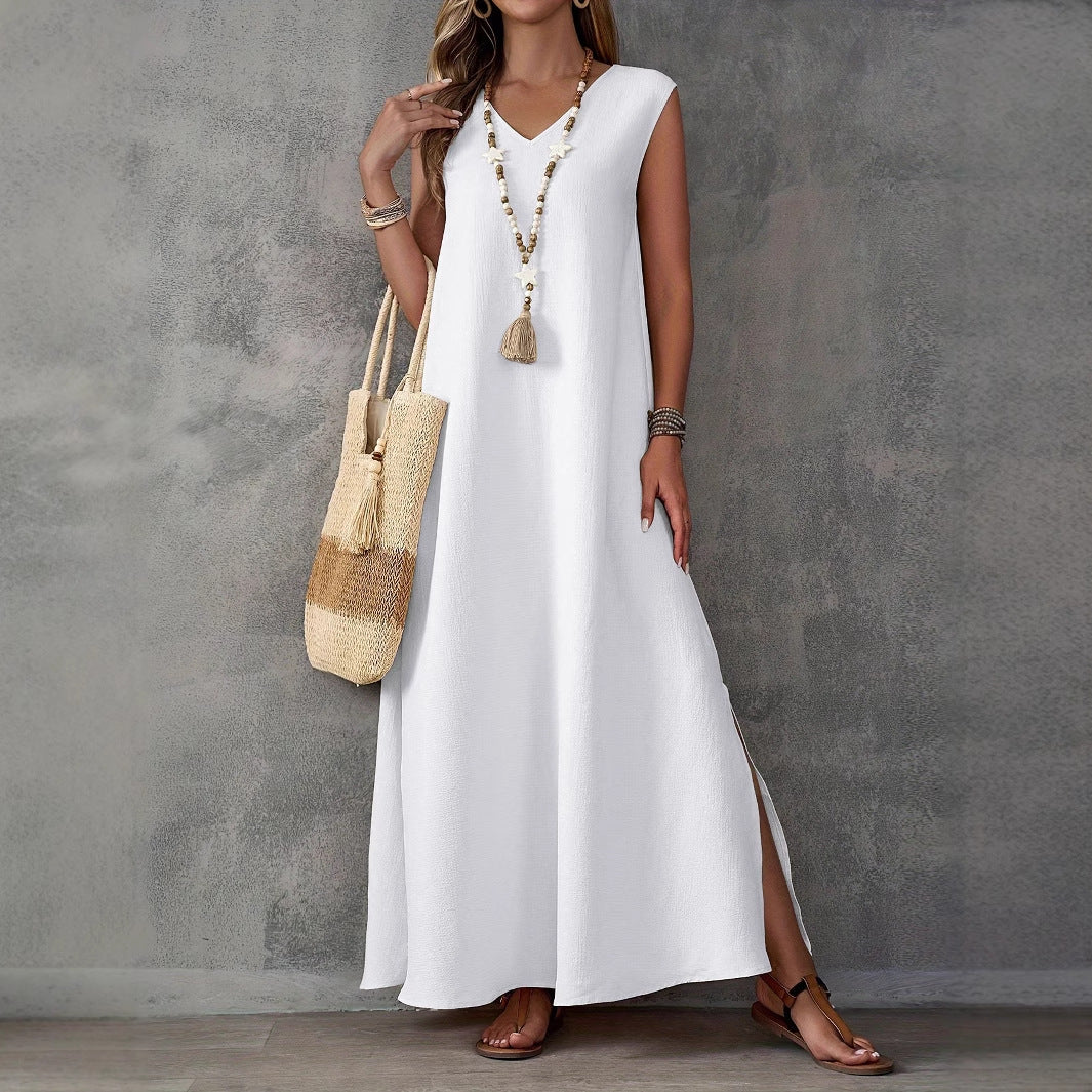 Leonor - Maxikleid mit V-Ausschnitt & Seitenschlitzen - Weiß