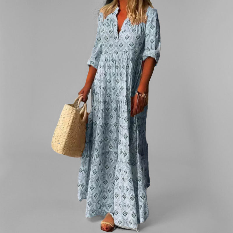 Lisa – Boho Maxikleid im Hemdblusen-Stil - Blau