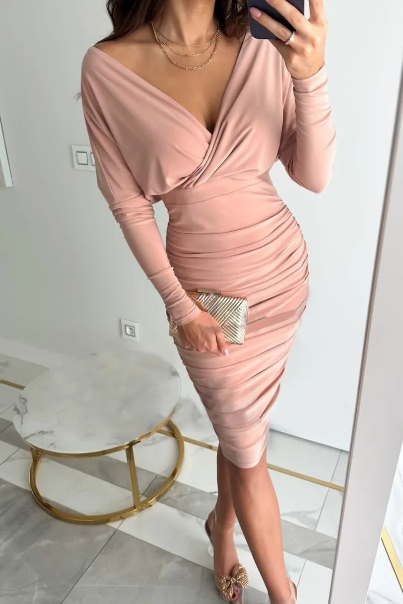 Lorelei - V-Ausschnitt Langärmelig Party-Kleid Rosa