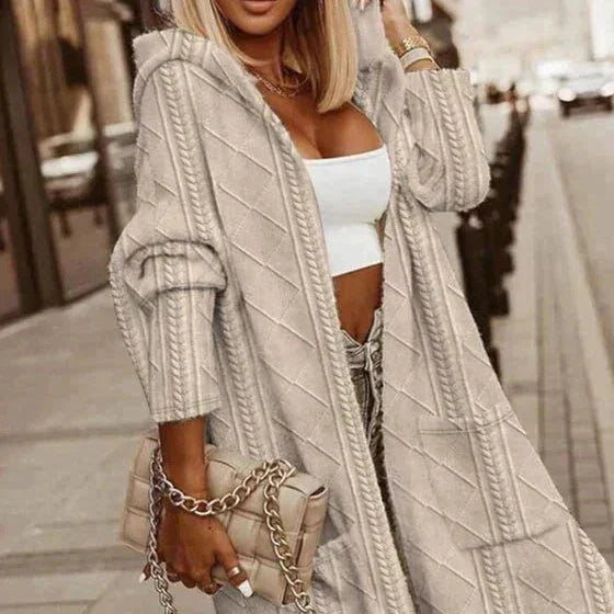 Luciana - Lange Strickjacke mit Kapuze Beige
