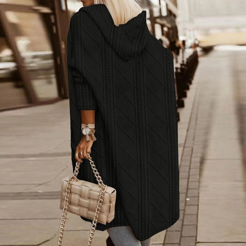 Luciana - Lange Strickjacke mit Kapuze Schwarz