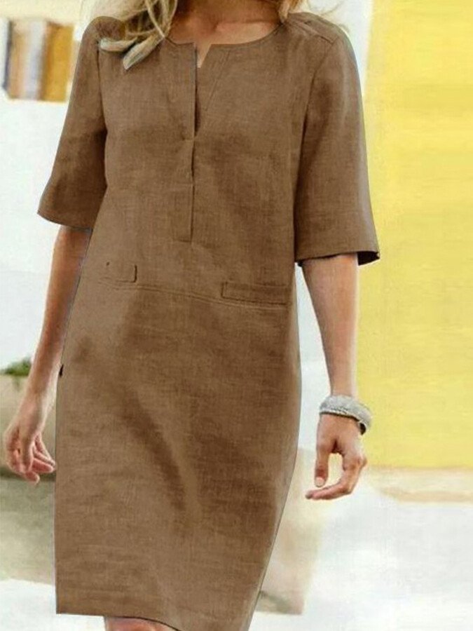 Marianne- Baumwoll Leinen kleid mit kurzen Ärmeln Braun