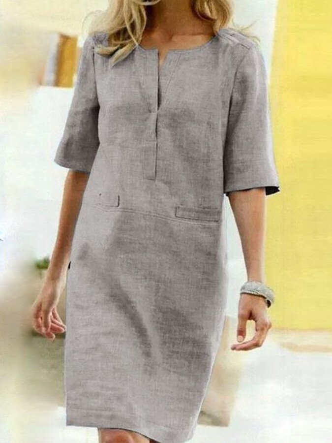 Marianne- Baumwoll Leinen kleid mit kurzen Ärmeln Hellgrau