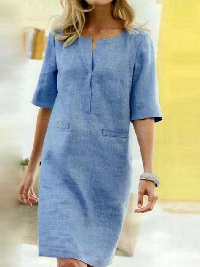 Marianne- Baumwoll Leinen kleid mit kurzen Ärmeln Himmelblau