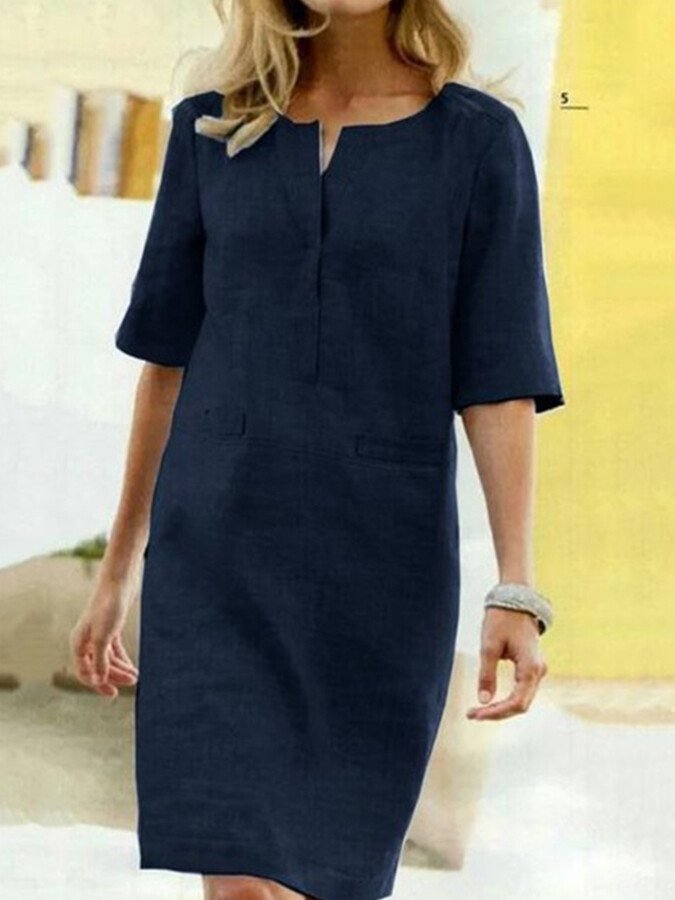 Marianne- Baumwoll Leinen kleid mit kurzen Ärmeln Marine