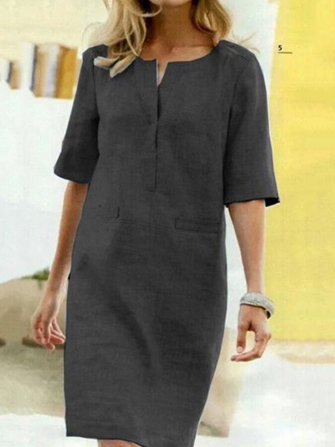Marianne- Baumwoll Leinen kleid mit kurzen Ärmeln Schwarz
