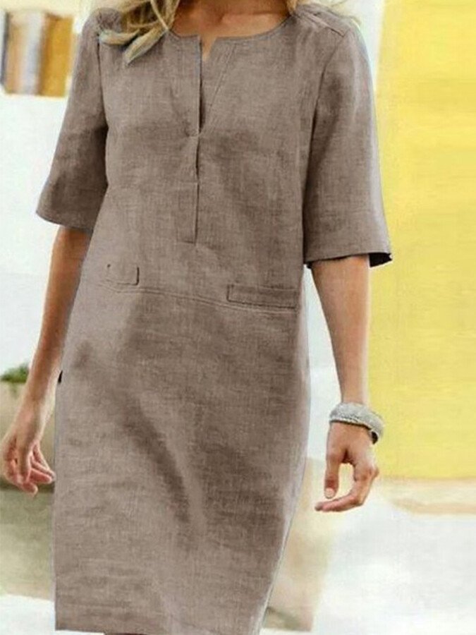 Marianne- Baumwoll Leinen kleid mit kurzen Ärmeln Tan
