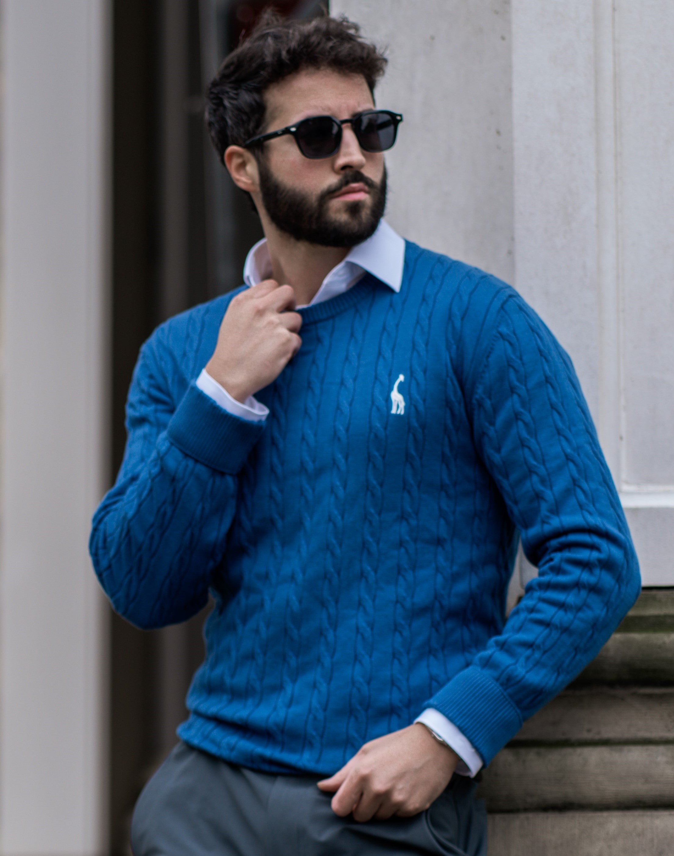 Matheo – Zopfmuster-Strickpullover aus Baumwolle für Herren Saphirblau