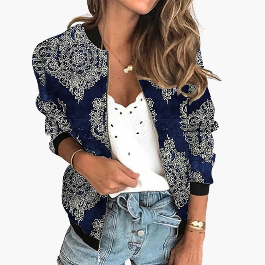 Meike – Stylische Damen-Bomberjacke mit Blumenmuster Blau